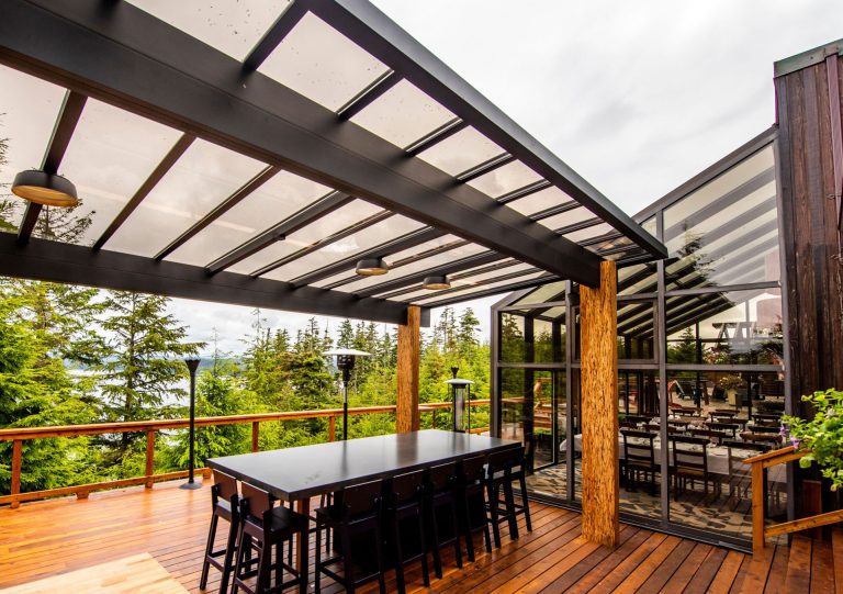 modern patio cover with tinted glass roof